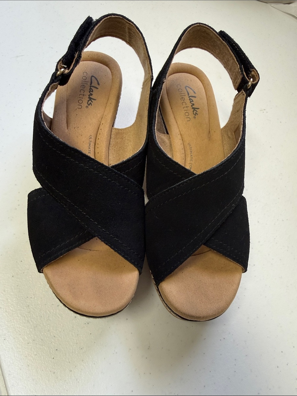 Clarks Black Cross-Strap Wedge Sandals